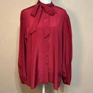 Vintage Panther Silky Button-Down Red Blouse with Tie Neck, Ladies’ Size Medium